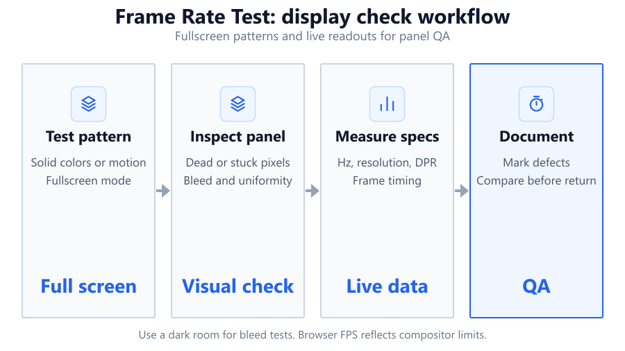 A flowchart showing the frame rate test process from animation rendering to FPS measurement, charting, and exporting results for…