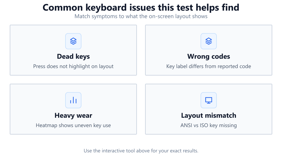 Four illustrated cards each show a common keyboard latency issue: delayed keystrokes, high jitter, inconsistent response, and wireless…