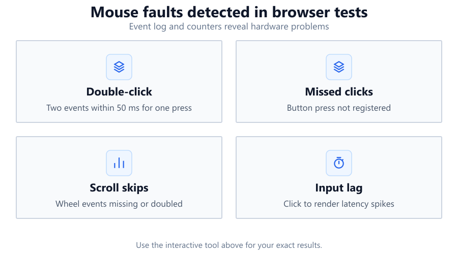 Grid of four icons representing common mouse problems: overshooting targets, deviation from path, jittery cursor, and frequent missed…